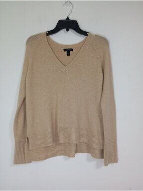 J.Crew Beige V-Neck Sweater Small Alpaca Merino Wool Blend Ribbed Hem Womens